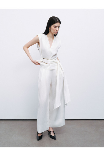 Nocturne Linen Blouse with Waist Accessory Detail