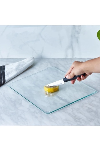 DreamHomes Transparent Glass Cutting Board, Cutting Board Edges Oval, Antibacterial, Presentation Board, 20X30