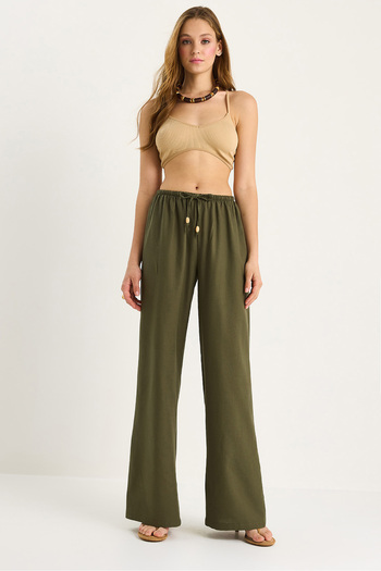Bianco Lucci Women's Waist Tie Thin Linen Summer Loose Trousers 3236 60281079