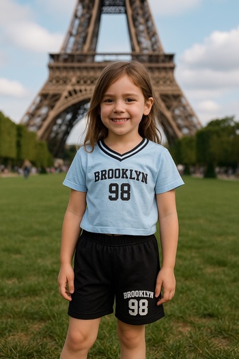 LePold Light Blue V Neck Girls Crop and Black Shorts Set
