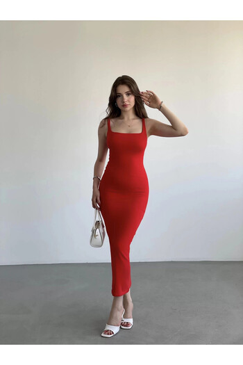 hazelin Women's Red Strap Square Neck Midi Dress Hzl25S-Zk11621