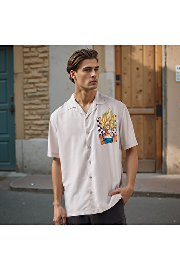 SP Characters Goku Print Relaxed Fit Shirt with Camp Collar and Short Sleeves