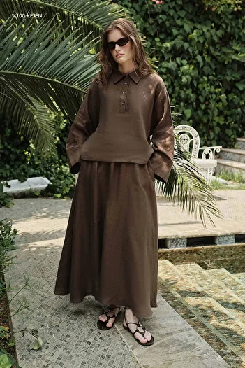 Hooopstore 100% Linen Brown Skirt with Elastic Waist