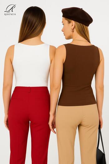 Ravencia Women's 2-Piece Premium Quality White-Brown Thick Strap Pool Collar Blouse