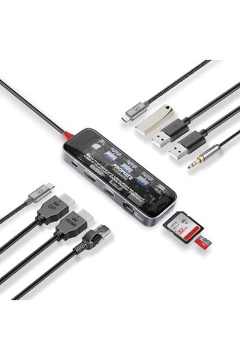 Promate موزع USB-C™، موزع متعدد الشاشات 11 في 1 مع منفذي HDMI بدقة 4K، ومنافذ عرض بدقة 4K، وسرعة فائقة تصل إلى 1000 ميجابت في الثانية