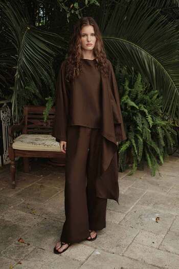 Hooopstore 100% Linen Cape Detailed Flowing Brown Blouse