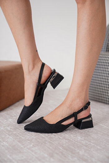 Moda Değirmeni Black Women's Straw Fabric Thick Heeled Classic Shoes Md1001-119-0019