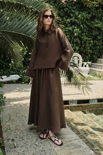 Hooopstore 100% Linen Brown Skirt with Elastic Waist