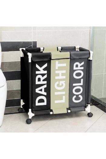 BUNCA 3-compartment laundry basket, 64 x 60 x 35 cm, with wheels and a top lid, for easy organization of laundry at home