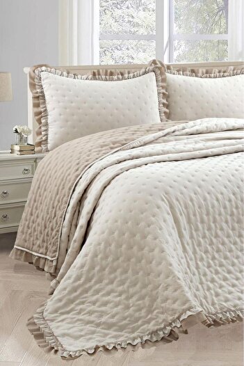 Çeyiz Diyarı Lamina Ruffled Fiber Filled Single 180X240 cm Bedspread Beige
