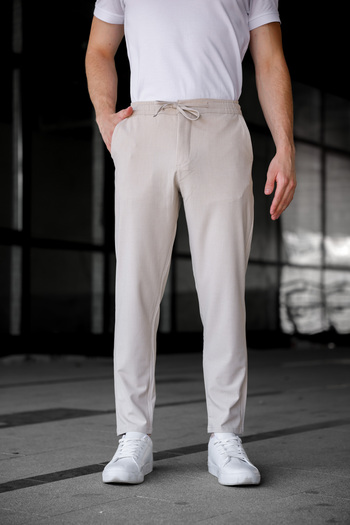 Ser Joven Men's Beige Relaxed Fit Side Pockets Elastic Waist Lace up Jogger Trousers