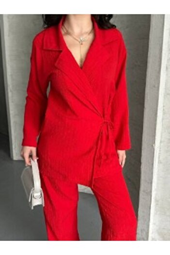 FA Butiq Women's Red Woven Detailed and Side Tie Pants Suit