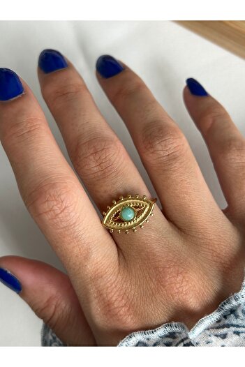 ringbox Çelik Kararmaz Turkuaz Taşlı Göz Yüzük