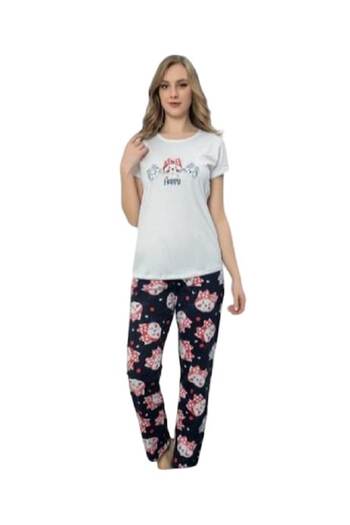 pamuklu Set pijama bluza si pantalon, imprimeu cu text Happy, culoare Alb cu bleumarin, L