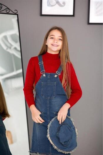Marka Sensin Kids Girl's Denim Salopet Half Turtleneck Sweater Denim Hat 4-Piece Set
