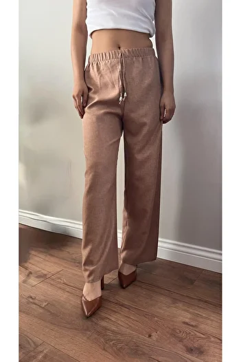 memetti m şekil Women's Tan Elastic Waist Soft Linen (Sofia) Wide Leg Palazzo Trousers