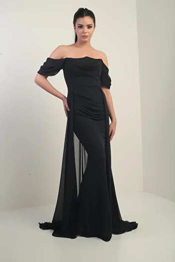 By Saygı Women's Low Sleeve Underwire Lined Cape Chiffon Long Dress