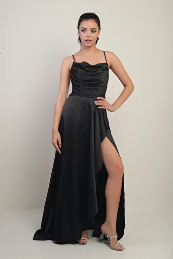 By Saygı Women's Long Satin Dress with Rope Strap Back Lace-Up Lined Flounce