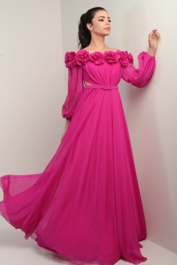 By Saygı Women's Floral Madonna Collar Belted Lined Chiffon Long Dress