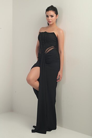 By Saygı Women's Beaded Detailed Waist Transparent Lined Long Strapless Dress