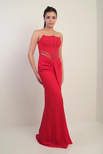 By Saygı Women's Beaded Detailed Waist Transparent Lined Long Strapless Dress