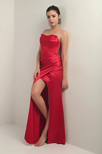 By Saygı Women's Shiny Rope Strap Deep Slit Front Gathered Pleated Long Satin Evening Dress