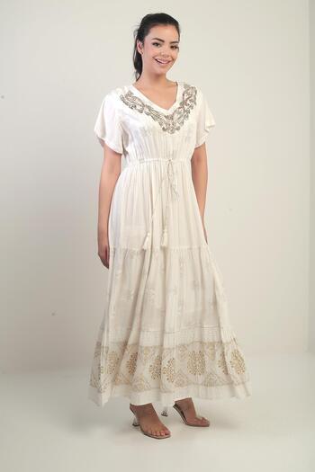 By Saygı Women's V Neck Beading Embroidered Lined Pocketed Flush Jacquard Long Dress