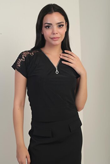 By Saygı Lycra Blouse with Lace Front Half Zipper on the Shoulders