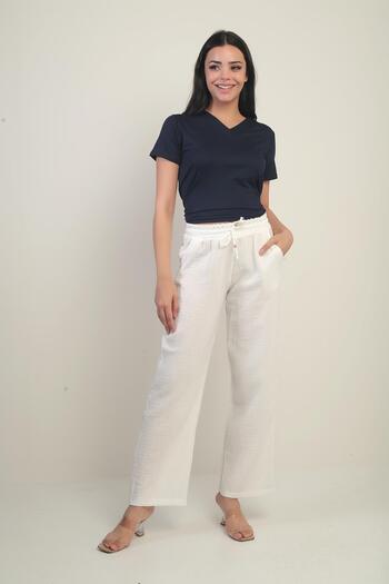 By Saygı Women's Muslin Palazzo Elastic Waist Pocket Trousers
