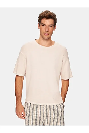 Ltb Μπλουζάκι με κοντό μανίκι με φαρδύ γιακά Basic Loose Beige