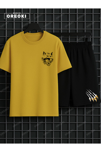 EFFRENATU Scary Wolf Printed Cotton Men's Yellow T-Shirt-Black Shorts Set