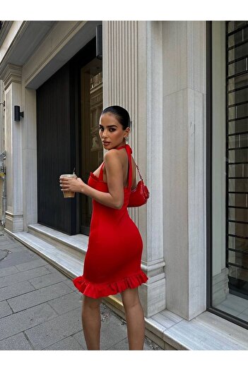 Gallogi Italian Ruffle Detailed Halter Neck Mini Dress