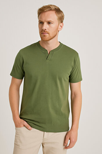 LACİVERTMEN 2124 Henley T-shirt Καφέ με λεπτομέρεια με κουμπιά Basic Casual T-shirt