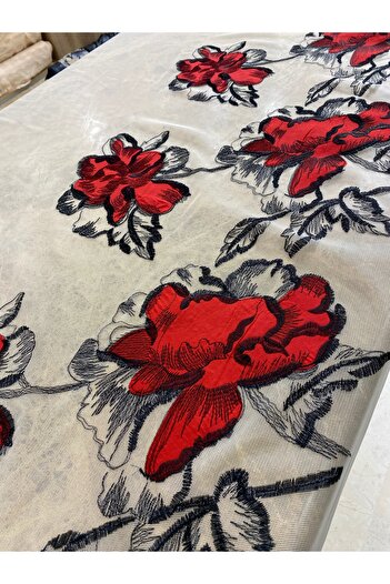 METERİAL Red Floral Pattern Embroidered Tulle Fabric Skirt Water Embroidered En150 cm - for Evening Dresses and Special Designs