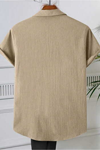 Tarz Cool Beige Half Regular Lapel Collar Short Sleeve Muslin Fabric Men's Shirt