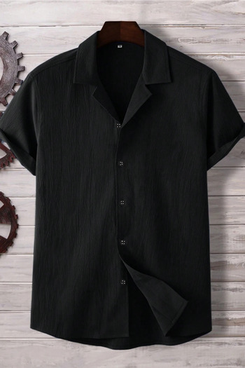 Tarz Cool Black Half Regular Lapel Collar Short Sleeve Muslin Fabric Men's Shirt