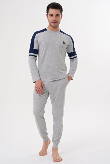 Mecit Pijama Men's Pajama Set with Cuffs, Long Sleeves, Crew Neck and Pockets