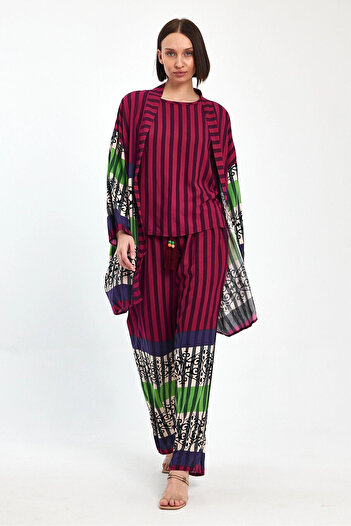hazelin Women's Plum Striped Athlete Kimono and Pants Woven Viscon Bottom Top Set Hzl25S-Vm110421