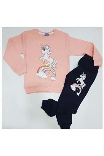 Uğur bebe New Season Salmon Color Girl's Pony Unicorn Patterned Pajamas Set Home Wear 100% Cotton Comfortable