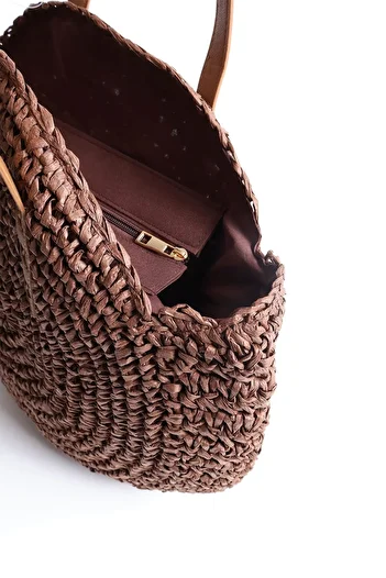 Haşema Brown Round Knitted Straw Bag with Signature Detail 1007