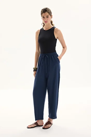 Hooopstore Organic Blended Elastic Navy Blue Trousers