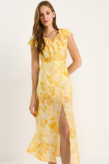 Bianco Lucci Women's Ruffled Collar Lined Slit Detailed Floral Patterned Dress 3064 60283462