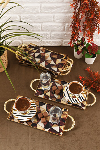 HELVACIOĞLU AKSESUAR 6 Pieces Coffee, Cake, Cake, Baklava, Cookies, Tea Presentation Tray with Handles 12X25 cm Gold