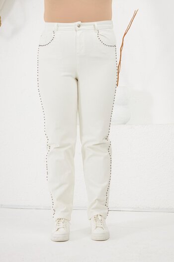 RMG Large Size Jeans with Stone Detail on the Sides White