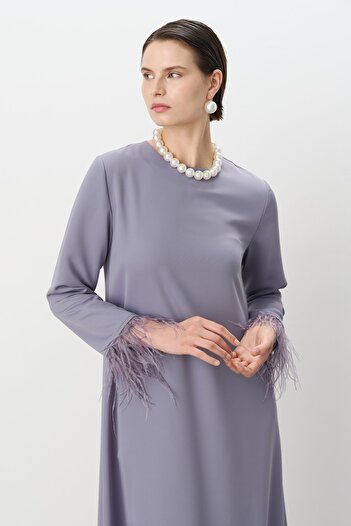 Nihan Kolları Otrişli Şık Elbise Gri Mavi