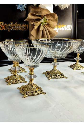 SEÇKİNEV February 7 Piece Gold Footed Ice Cream & Salad & Compote & Bowl Set