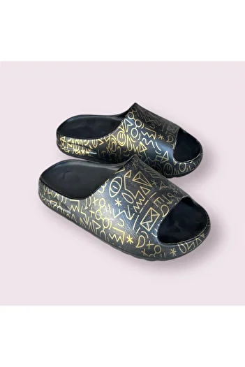 AkınalBella Black Printed Women's Summer Slide Slippers