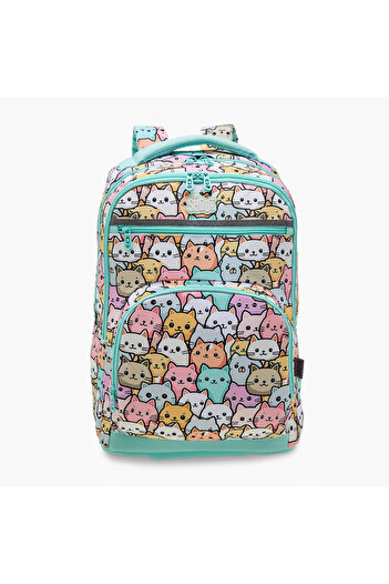Shout Cat Print 3-Compartment Backpack with Adjustable Straps and Zip Closure - 32x20x45 cms