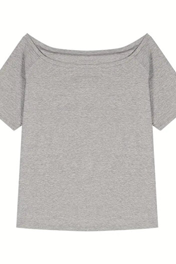 Tarz Cool Gri Kadın Düşük Omuz Kayık Yaka Oversize T-Shirt