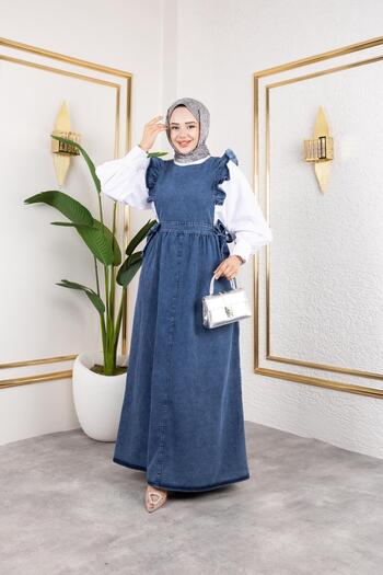 exxitcollection Women's Hijab Ruffled Open Sleeve Jeans Gilet, Denim Slopet Dress 140 cm